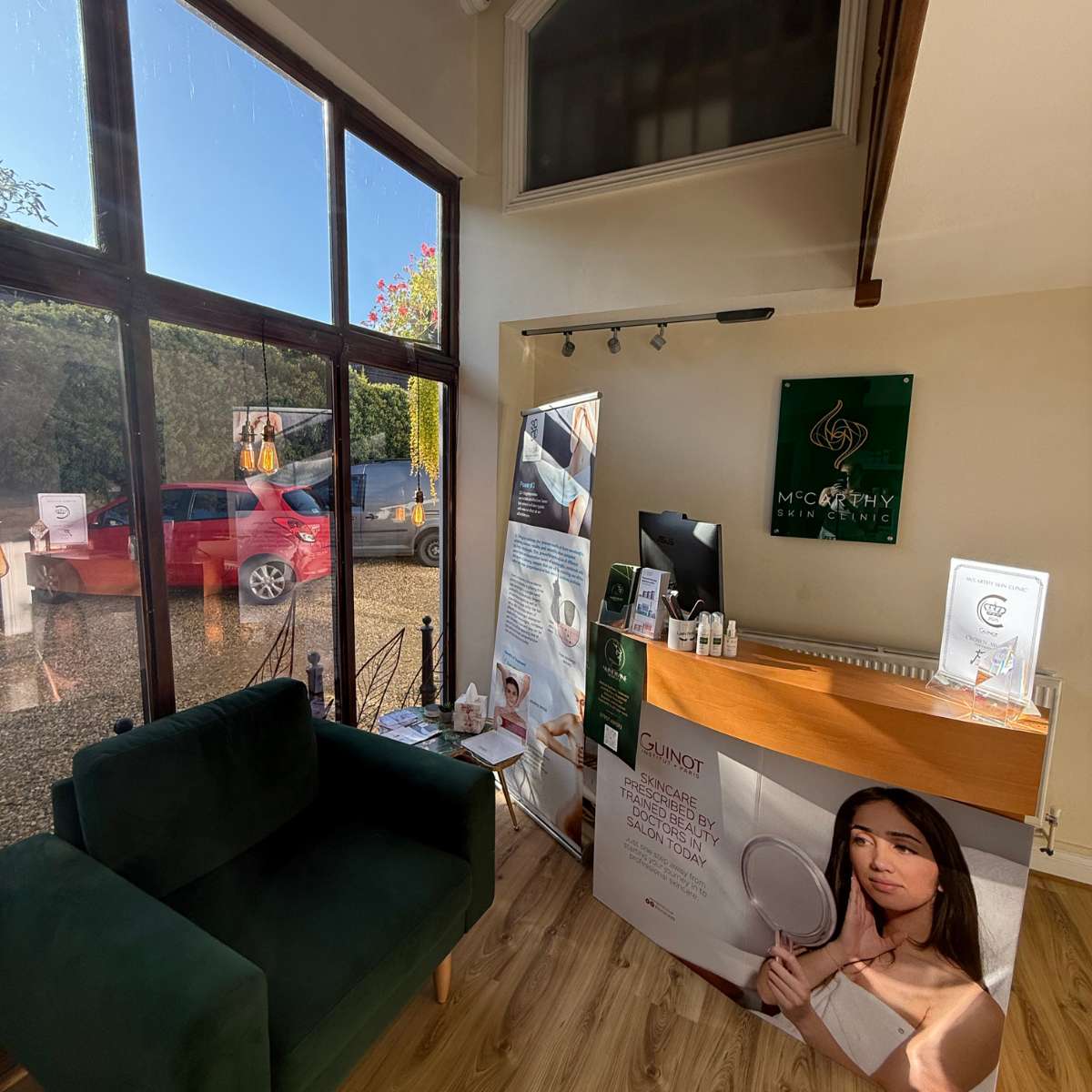 Spacious reception area inside our premium skincare clinic in Milton Keynes